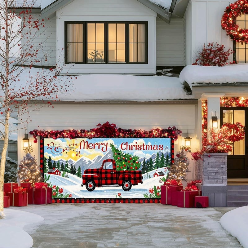 IVN Christmas Garage door banner Red Plaid Truck Christmas Tree Winter Mountain Scene Door Cover Indoor And Outdoor Studio Background Hanging Decoration 13x6ft - Image 4